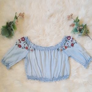 Denim colored  crop top w/ embroidered flowers